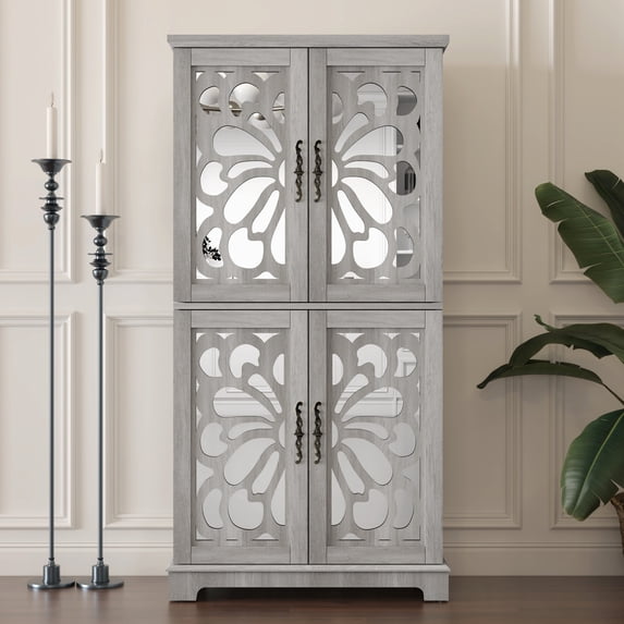 FFZ 67.4 inch Tall 4 Doors Mirrored Accent Storage Cabinet For Corner Entryway Adjustable Shelves Light Gray