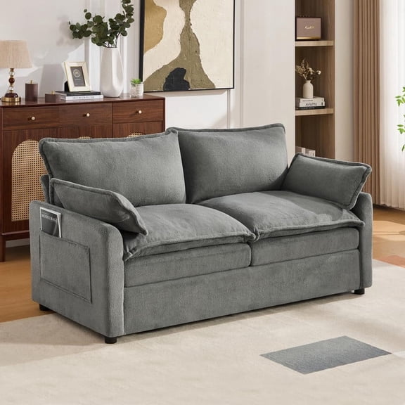 FFZ Modern 67.7 inch Faux Fur Loveseat Sofa with Double-Layer Cushion and Side Storage Pockets, Grey