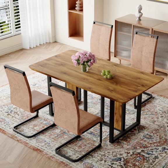 FFZ 67 inch Wood-Textured MDF Dining Table Set with 4 Fabric Chairs, Black Metal Legs, Black