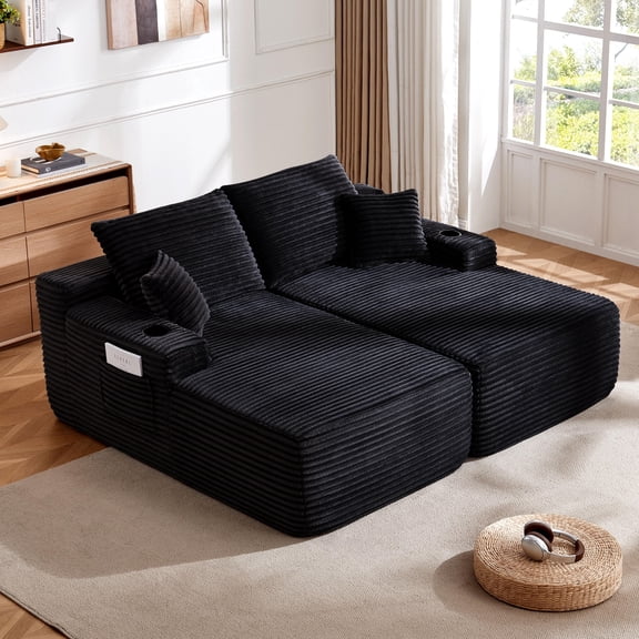 FFZ 69 inch Cloud Sectional Couch with Double Chaise Lounge and Plush Fabric, 69 x 61 x 30 inch, Black