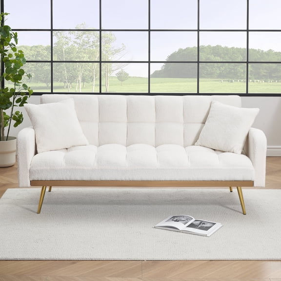 FFZ 69 Inch Adjustable Sofa Bed with Teddy Armrests for Small Spaces, Beige