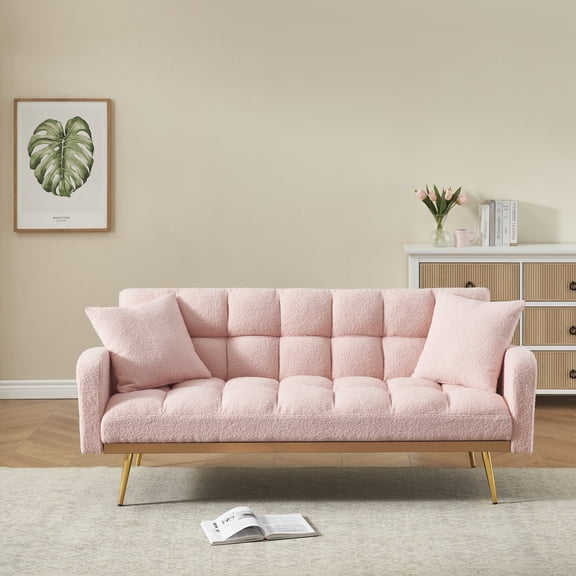 FFZ 69 Inch Sofa Bed with Adjustable Teddy Sofa and Wide Armrests, Pink