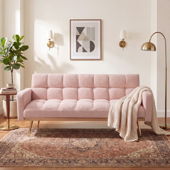 FFZ 69 Inch Soft Teddy Fleece Adjustable Sofa Bed with Wide Armrests, Pink
