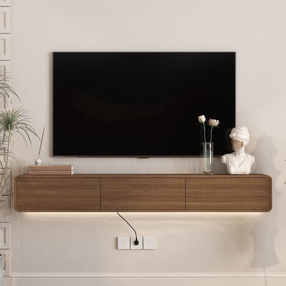 FFZ 69 inch Floating TV Stand with 16 Color LEDs and Wall-Mount Design, Wood