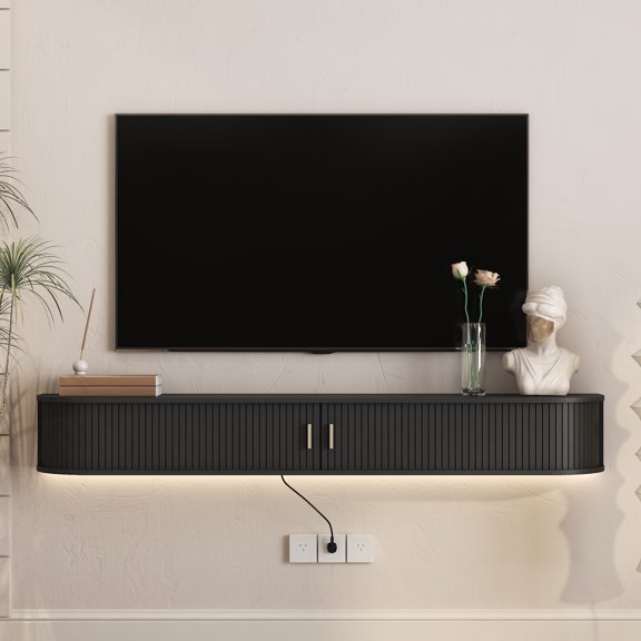 FFZ 69 inch Wall Mounted Floating TV Stand with 16 Color LEDs and Sliding Doors, Black