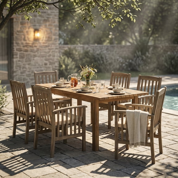 FFZ 7 Piece Acacia Wood Outdoor Dining Set Modern 6 Chair 1 Large Table Furniture For Lawn Backyard Grey