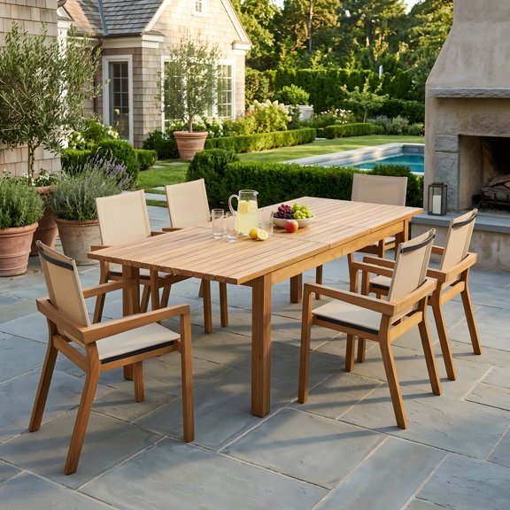 FFZ 7-Piece Acacia Wood Outdoor Dining Set with 6 Chairs and Extendable Table, Teak+Beige