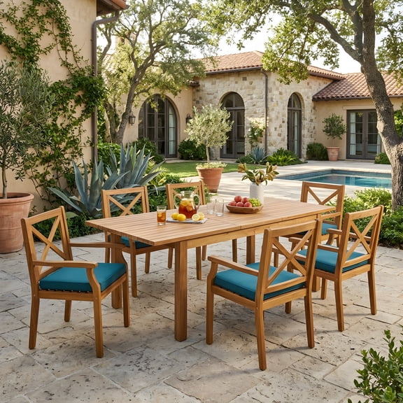 FFZ 7-Piece Acacia Wood Outdoor Dining Set with Blue Cushions and Expandable Table, Teak