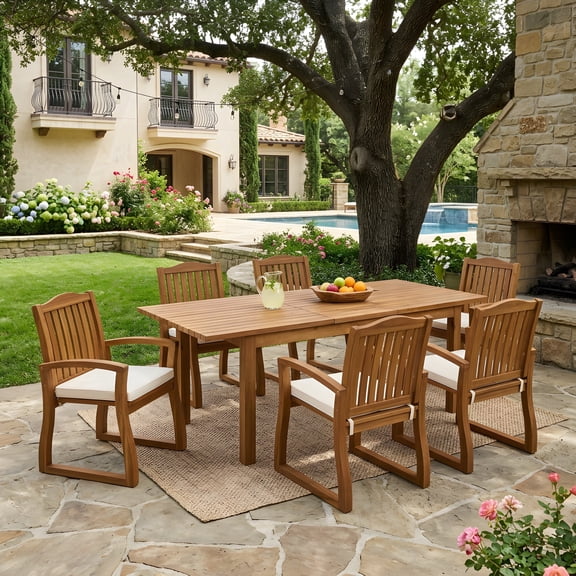 FFZ 7-Piece Acacia Wood Outdoor Dining Set with Cream Cushions, Large Table and 6 Chairs, Teak