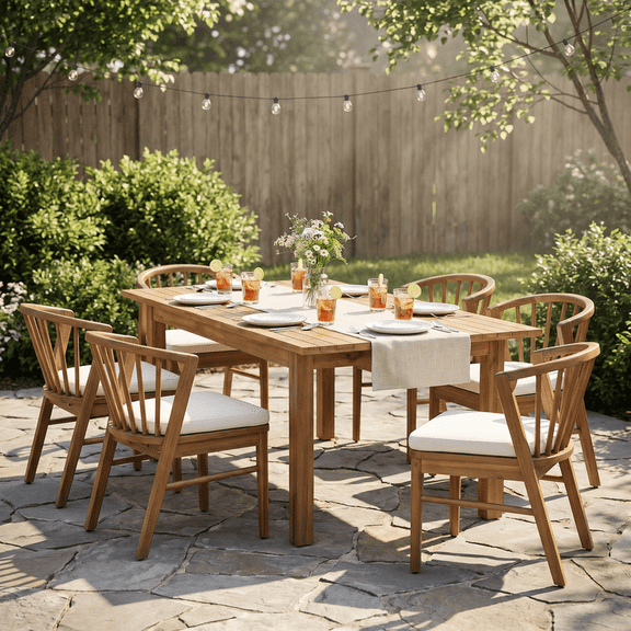 FFZ 7-Piece Acacia Wood Outdoor Dining Set with 6 Chairs and Extendable Table, Teak
