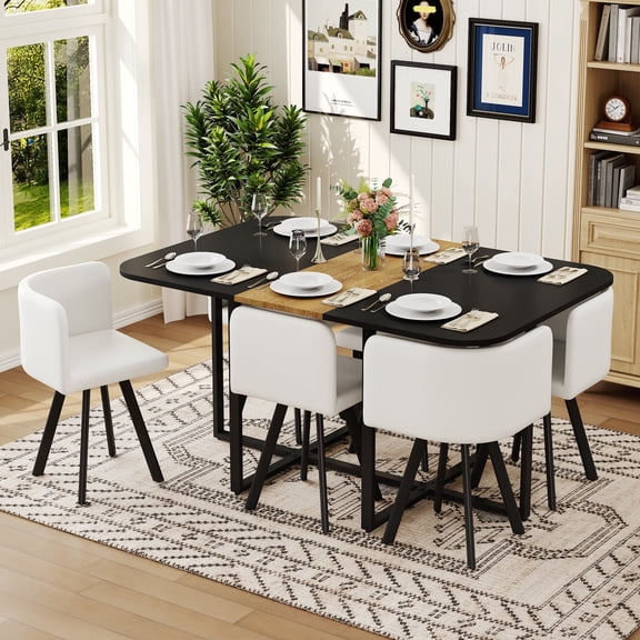 FFZ 6-Piece Modern Dining Table and Chair Set with 6 White PU Chairs, Black and Wood Grain, Black