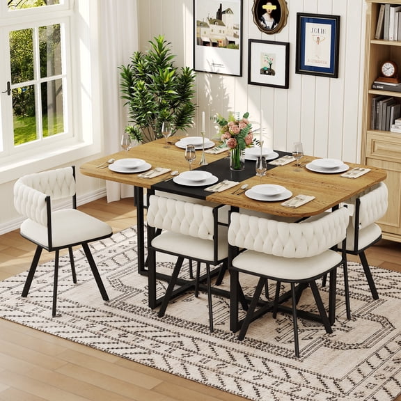 FFZ 7-Piece Dining Table Set for 6 with 6 Beige Velvet Chairs, Wood Grain Melamine Table, Beige