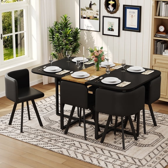 FFZ 7-Piece Dining Set with 6 Black PU Chairs, Rectangular Kitchen Table, Modern Furniture, Black