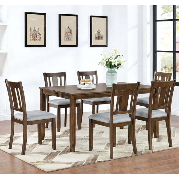 FFZ 7-Piece Dining Table Set with 6 Upholstered Chairs, 58.5 x 34.5 x 30 inch, Walnut