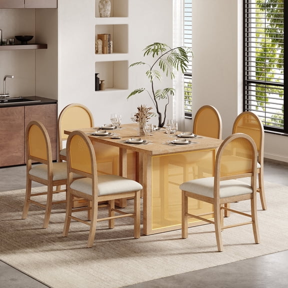 FFZ 7-Piece Farmhouse Dining Table Set with Rattan Chairs, Distressed Oak Veneer, 6 Adults, Beige