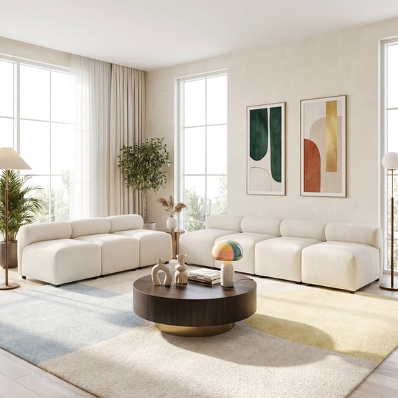 FFZ 7-Piece Modular Sectional Chenille Sofa with Round-Back Design, Solid Wood Frame, Beige
