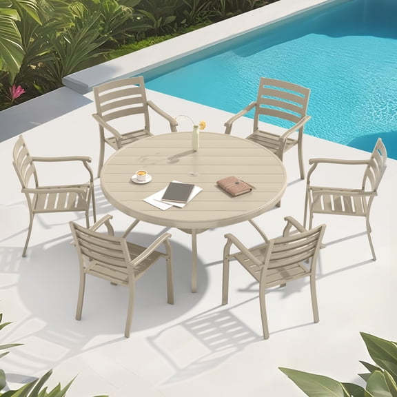 FFZ 7-Piece Outdoor Metal Dining Set with 6 Stackable Chairs and Round Table, 52.95 inch Table, Black
