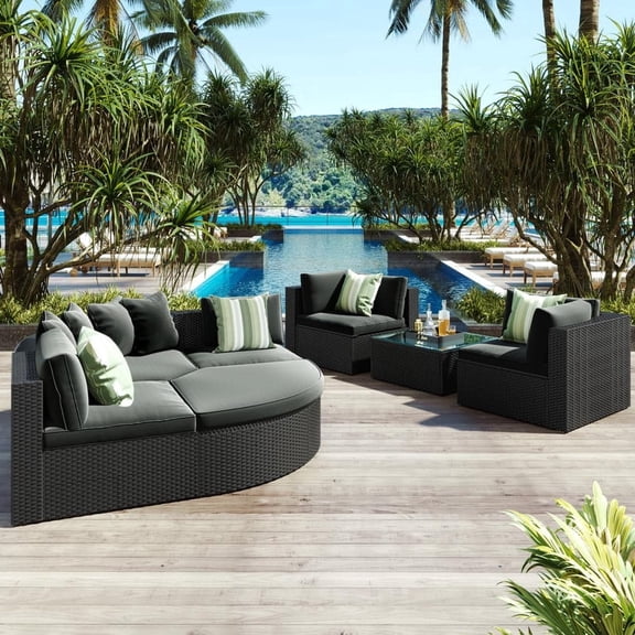 FFZ 7-Piece Outdoor Wicker Sofa Set with Striped Green Pillows, Modular Design, Black Wicker, Gray, Gray