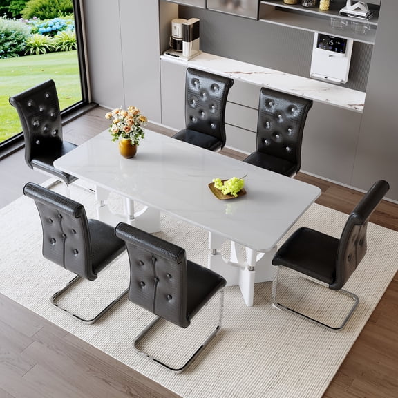 FFZ 7-Piece Rectangular Dining Table Set with 6 Chairs, White Faux Marble and Black PVC, Black