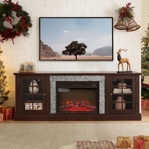 FFZ 70 inch TV Stand 2-Door Storage 23 inch Electric Fireplace Faux Stone Media Console Cherry