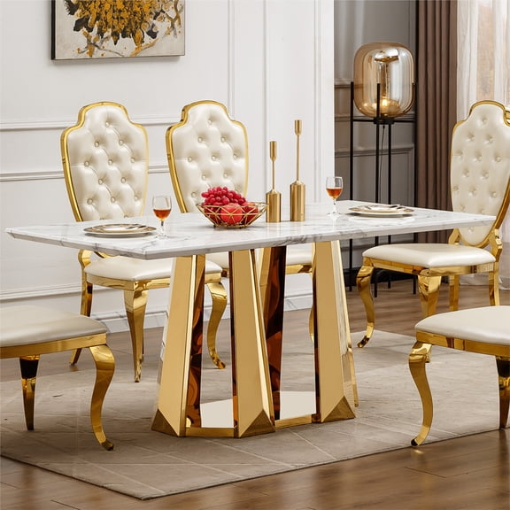 FFZ 70 inch Faux Marble Dining Table with Mirrored Stainless Steel Base, Seats 6-8, Gold+white