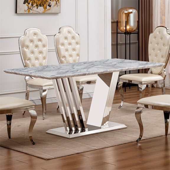 FFZ 70 inch Rectangle Faux Marble Dining Table Silver Mirrored Stainless Steel Base, Grey