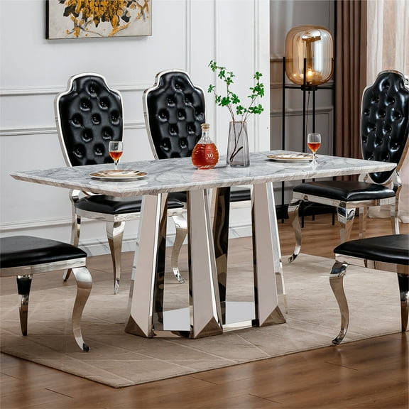 FFZ 70 inch Rectangle Faux Marble Dining Table Silver Mirrored Stainless Steel Base, Grey