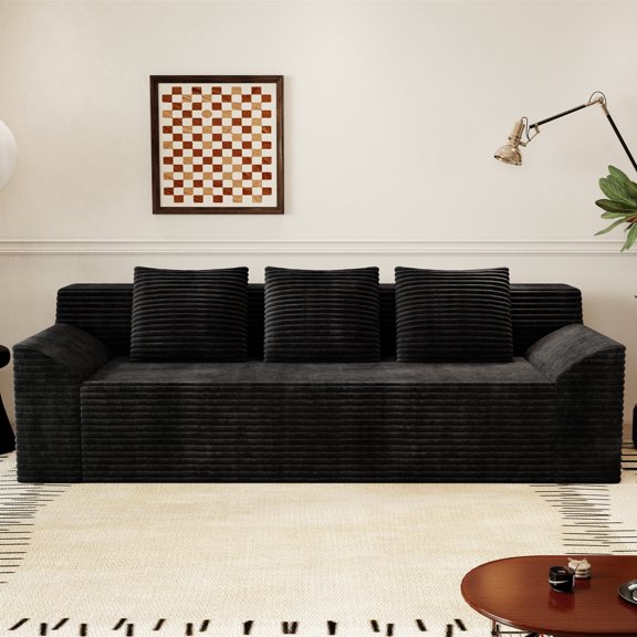 FFZ 71 inch Corduroy Sofa with Button Tufting and Cloud-Like Comfort, No Assembly, Antique Black