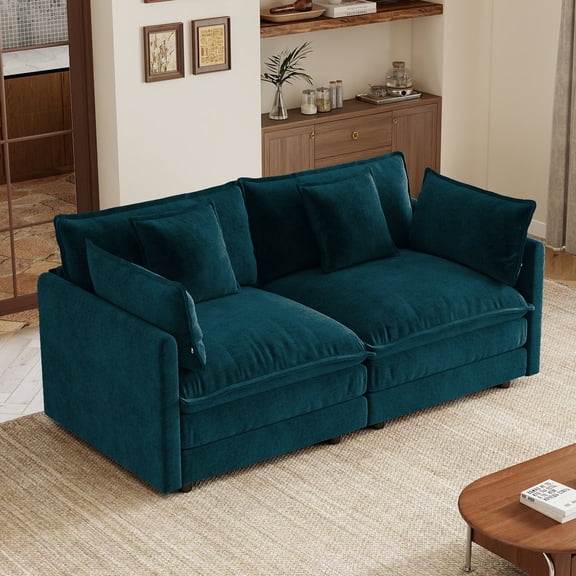 FFZ 71"L Deep Seat Chenille Sofa with 4 Pillows, Club Style for Living Room, Blue