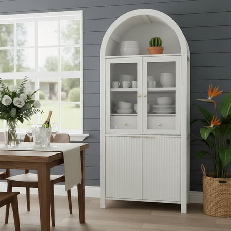 FFZ 71 inch Fluted Tall Arched Pantry Cabinet with Adjustable Shelves Display Storage Hidden Drawer, White