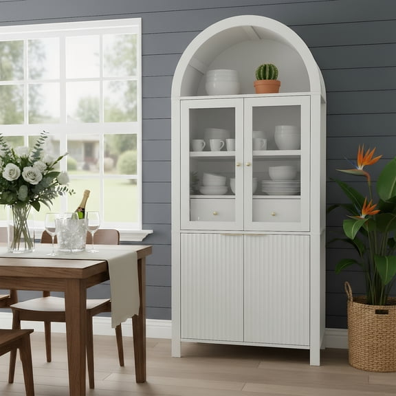 FFZ 71 inch Fluted Tall Arched Pantry Cabinet with Adjustable Shelves Display Storage Hidden Drawer, White