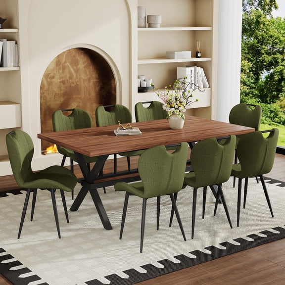 FFZ 71 inch Walnut Dining Table with 8 Olive Green Fabric Chairs and X-Shaped Metal Frame, Olive Green