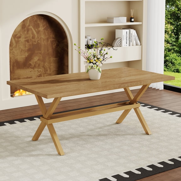 FFZ 71x35.4 inch Modern Minimalist Dining Table Light Wood MDF Splicing Desktop X-Shaped Metal Bracket