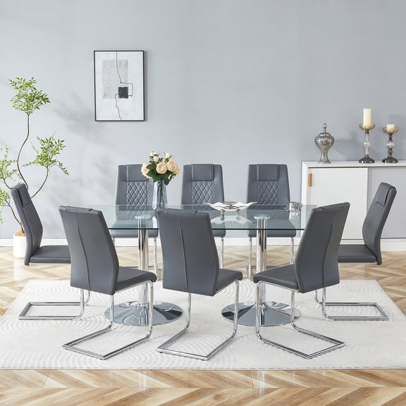 FFZ 71x35.4 inch Modern Tempered Glass Kitchen Dining Table Set 8 PU Chairs Arched Metal Legs, Dark Gray