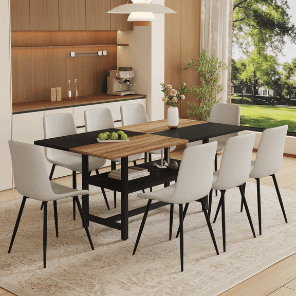 FFZ Dining Table and 8 Chairs Set with Storage, Wood and Black Finish, Black