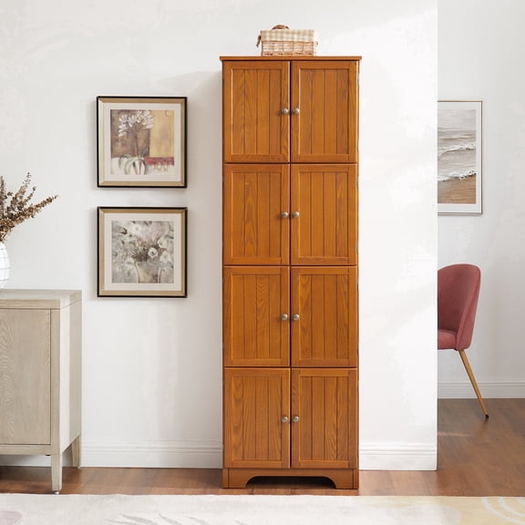 FFZ 72.4 inch 8-Door Storage Cabinet with 4 Shelves and Line Design, Oak
