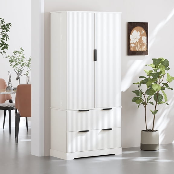 FFZ 72" Modern Fluted Kitchen Pantry Cabinet With 2 Large Drawers & 8-Door Spice Rack, White