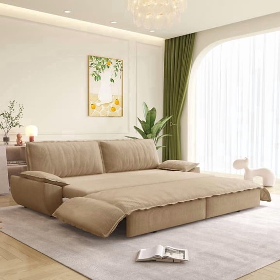 FFZ 73.2 inch 3-in-1 Convertible Sleeper Sofa with Corduroy Upholstery and Pull-Out Bed, Camel