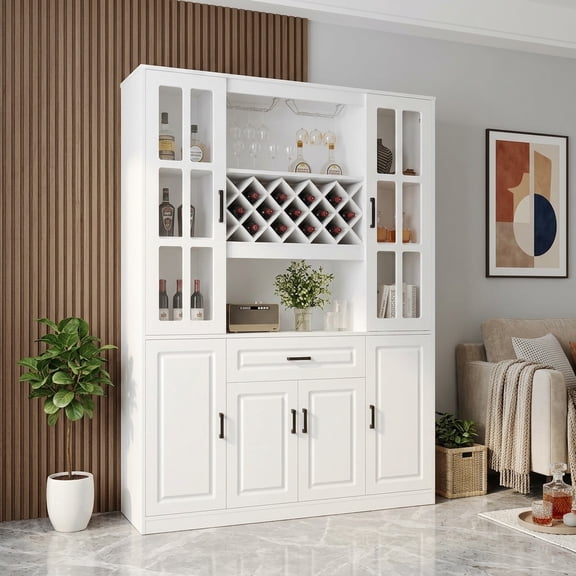 FFZ 74.1 inch Tall Wine Cabinet with Wine Rack, Glass Holder and 4 Doors, White