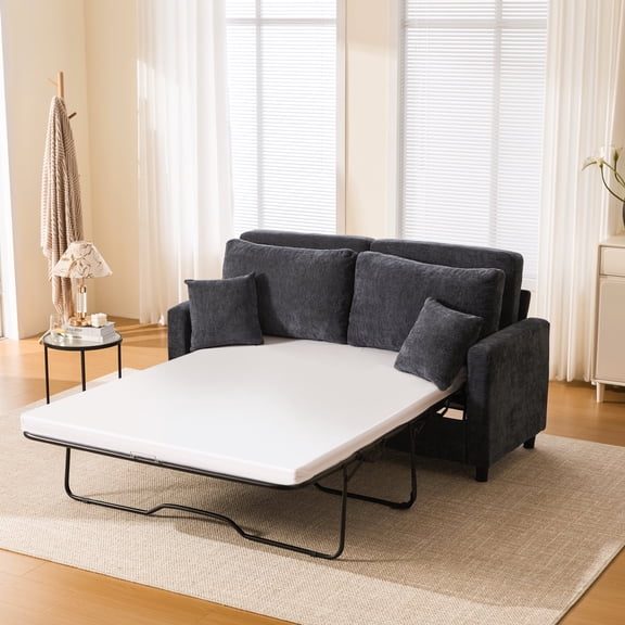 FFZ 74 inch 2-Seater Sleeper Sofa Bed with Pull-Out Mattress and Linen Upholstery, Dark Gray
