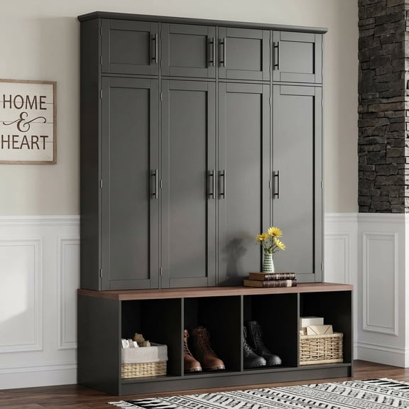 FFZ 75"H Farmhouse Hall Tree with 4 Hooks, Walnut Bench and 8-Door Shoe Cabinet, Black
