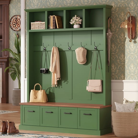 FFZ 75"H Farmhouse Hall Tree with Storage Bench, 6 Hooks and Shoe Cabinets and Entryway, Green