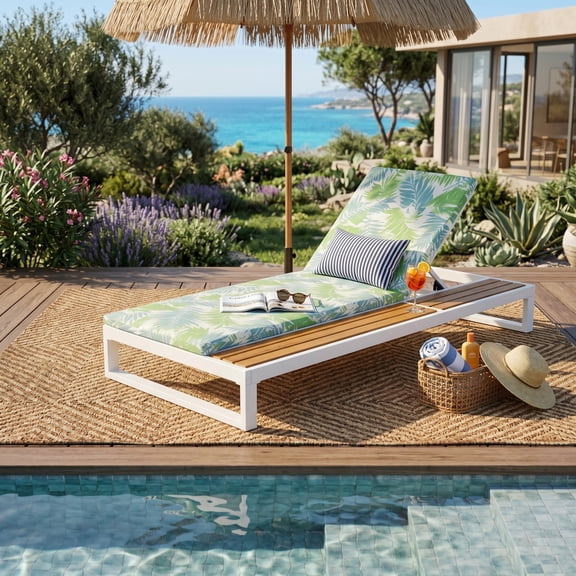 FFZ 76.75" Chaise Lounge Set with Iron & Teak Finish Frame, Coconut Cushion, 5-Position Adjustable, Green Leaf