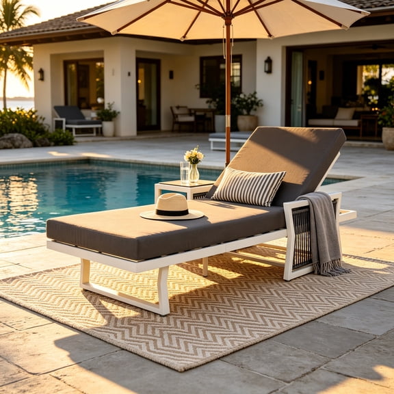 FFZ 76.75" White Iron Chaise Lounge with Black Rope Armrests, Dark Grey Cushion, 5-Position Recliner, 400 lbs, Black