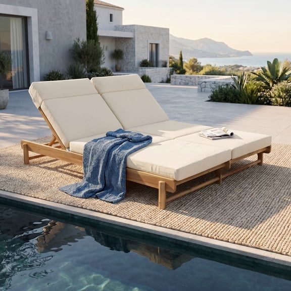 FFZ 76.77" Acacia Wood Double Chaise Lounger Set with 2 Cushions, Adjustable Backrest, Built-In Headrest, Beige