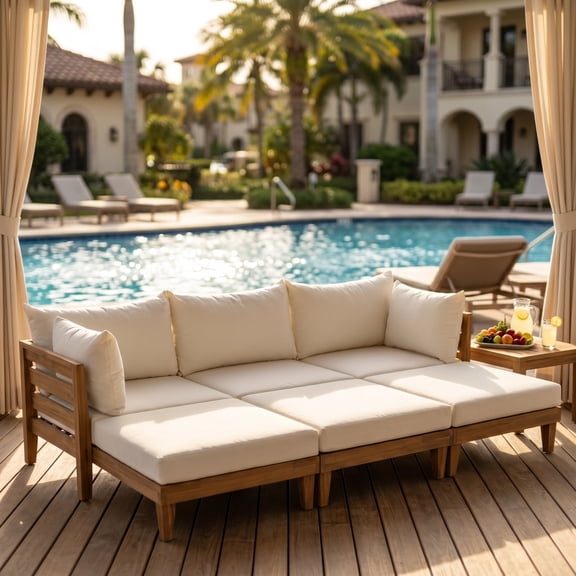 FFZ 6-Piece Acacia Wood Sectional Sofa Set with Daybed, 5 Pillows, 6 Cushions, Beige
