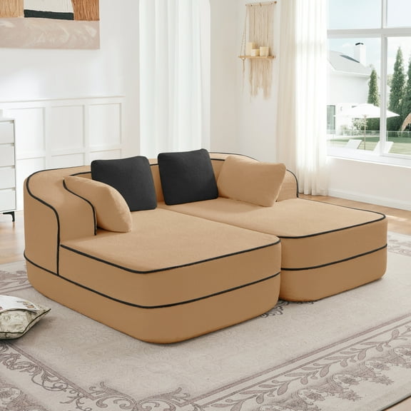 FFZ 77.2 inch Teddy Fabric Boneless Sofa with Double Chaises, Sleeper Sofa and Contrast Color Design, Camel