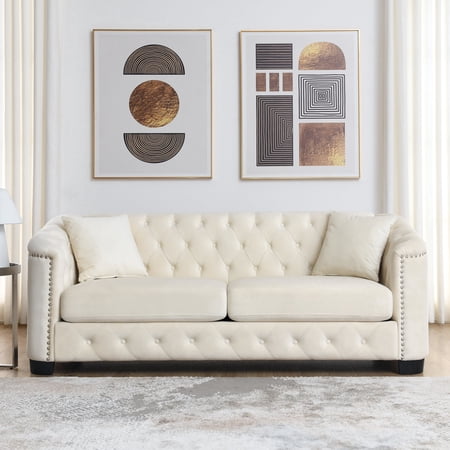 FFZ 77-Inch Chesterfield Velvet Sofa with Nailhead Arms and 2 Cushions, 3-Seater for Living Room, Beige