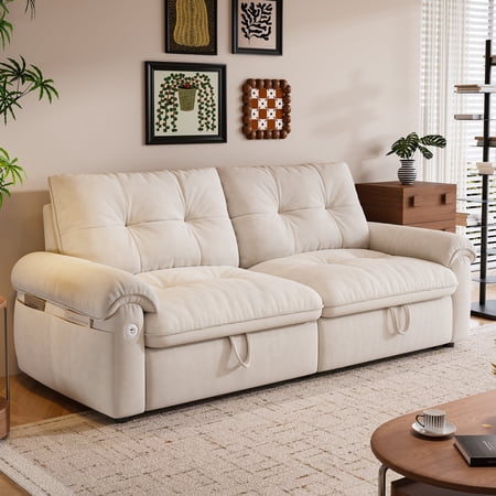 FFZ 77"L 77-Inch Convertible Sofa Bed with Plush Fabric and Steel Frame, Beige