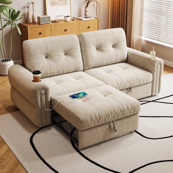 FFZ 77 inch Convertible 2-in-1 Chenille Sofa Bed with High-Resilience Foam for Living Room, Bedroom, Beige